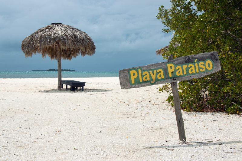 Playa Paraiso sign on white sand beach in Tulum