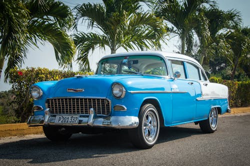 A Blue Vintage Chevrolet on a Parking Lot under Palm Trees