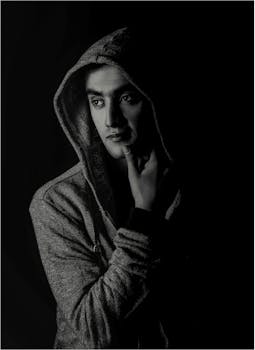 一幅醒目的黑白肖像，画中一位身着连帽衫的男子，突显了神秘感与独特风格