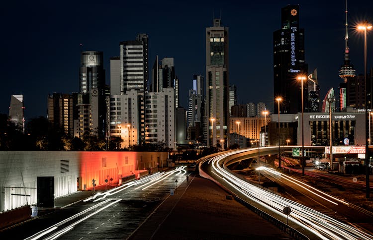 Time Lapse Of Streets In Front Of Kuwait City Skyscrapers At Night