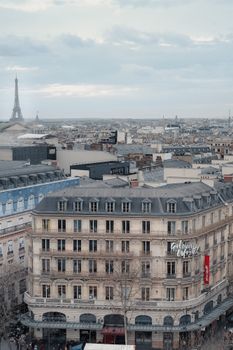 Aerial view of Paris capturing traditional architecture with Eiffel Tower in the skyline.