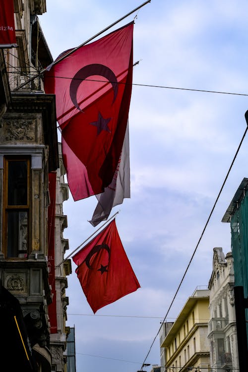 Flags of Turkey on the Building Facade 