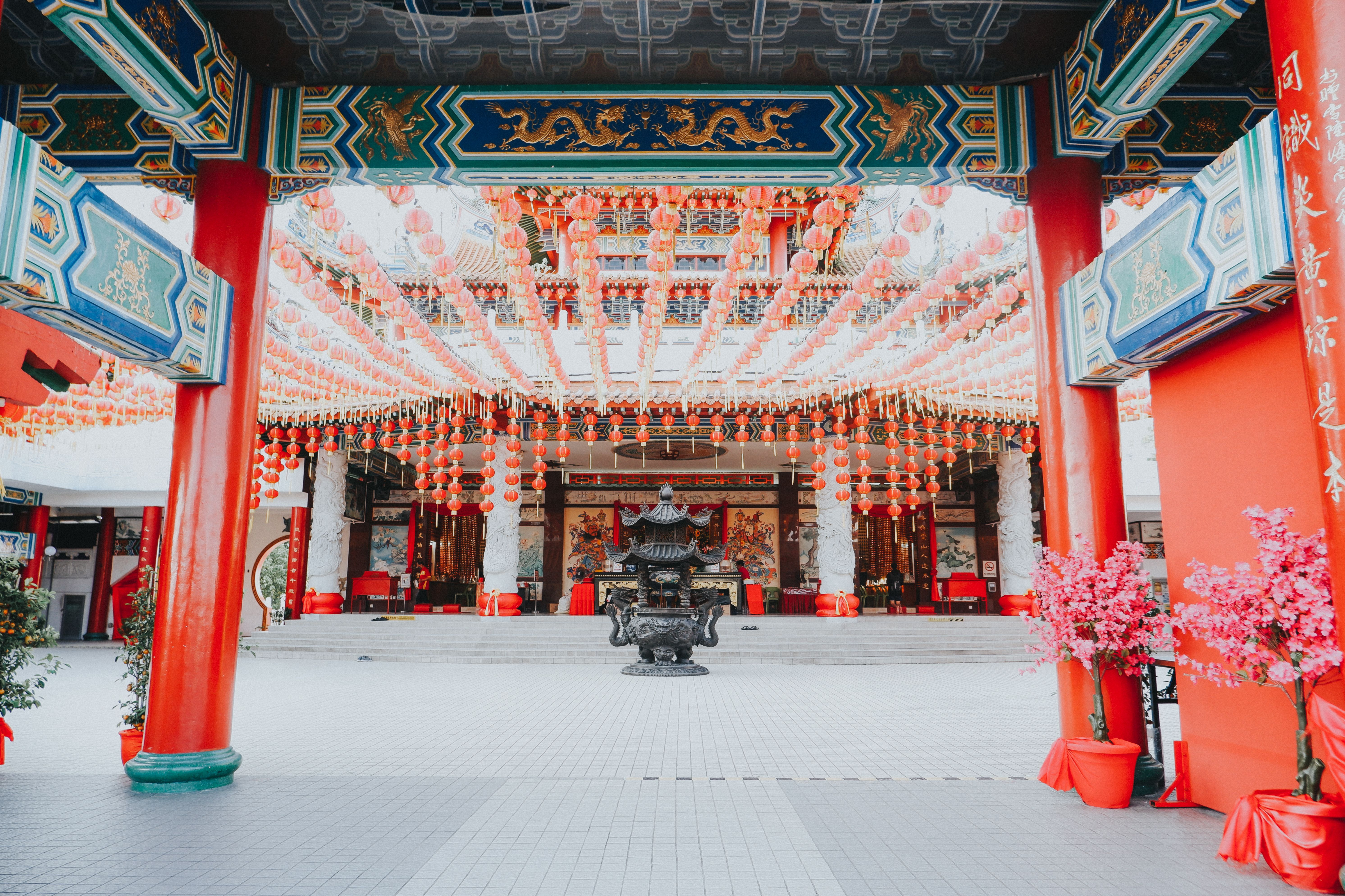 Vibrant red lanterns adorn Thean Hou Temple, Kuala Lumpur, Malaysia.