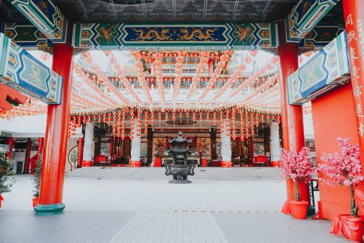 Vibrant red lanterns adorn Thean Hou Temple, Kuala Lumpur, Malaysia.
