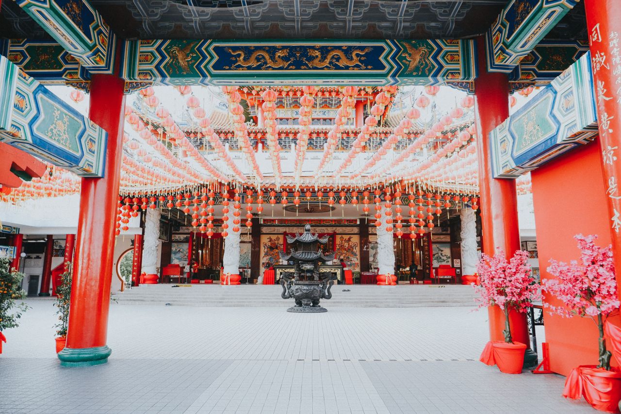 vibrant red lanterns adorn thean hou temple kuala lumpur malaysia