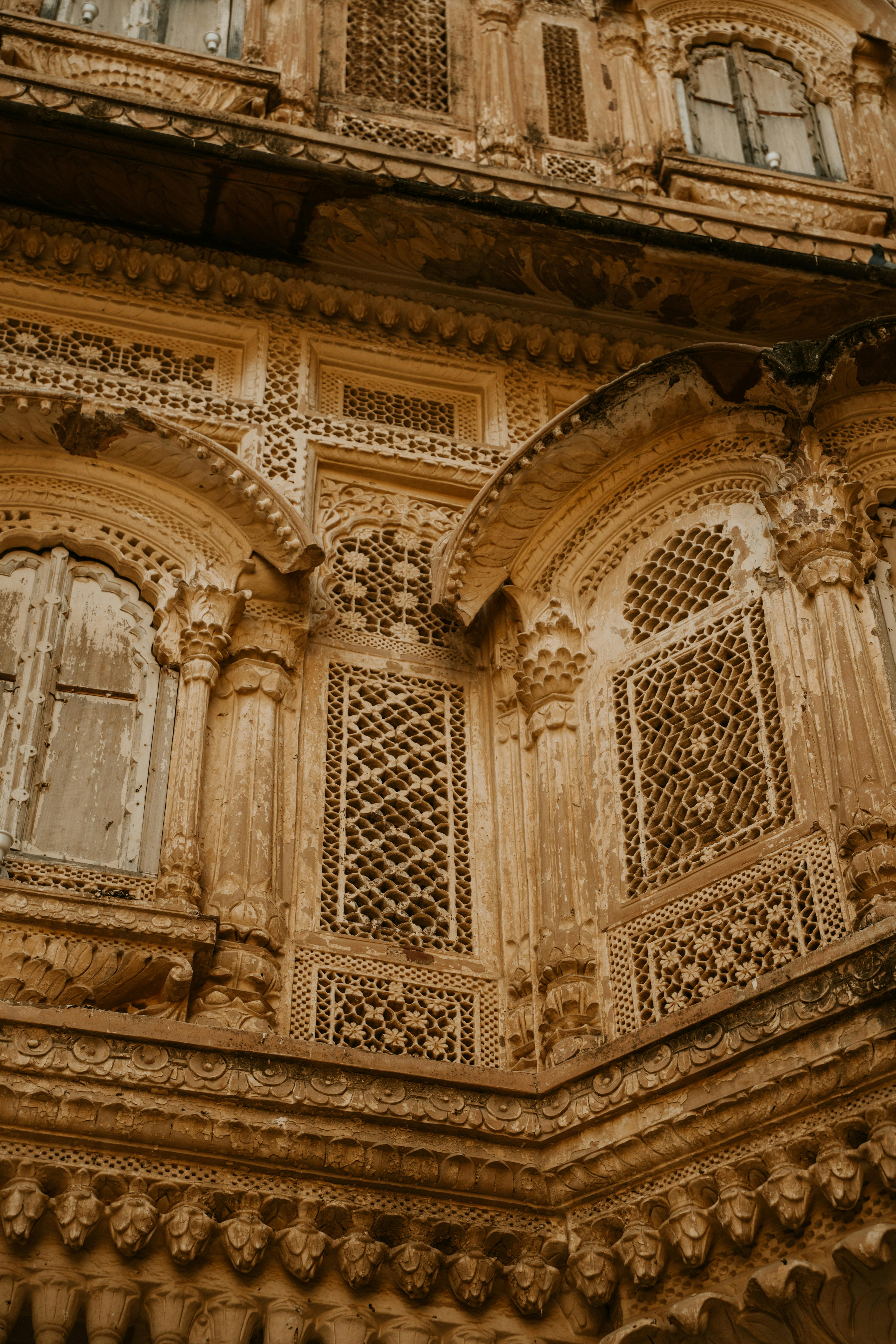 Close-up of the ornate and historic architecture at Mehrangarh Fort, Jodhpur, India.