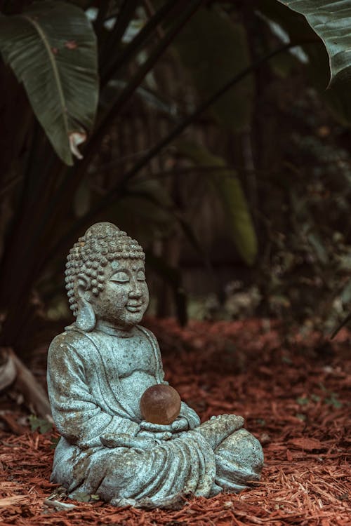 A buddha statue sitting in the middle of the ground