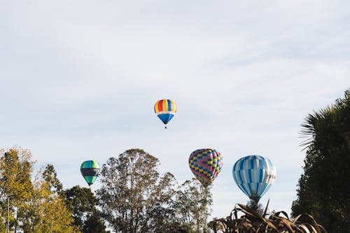 View of Colorful Hot Air Balloons Flying against Blue Sky 