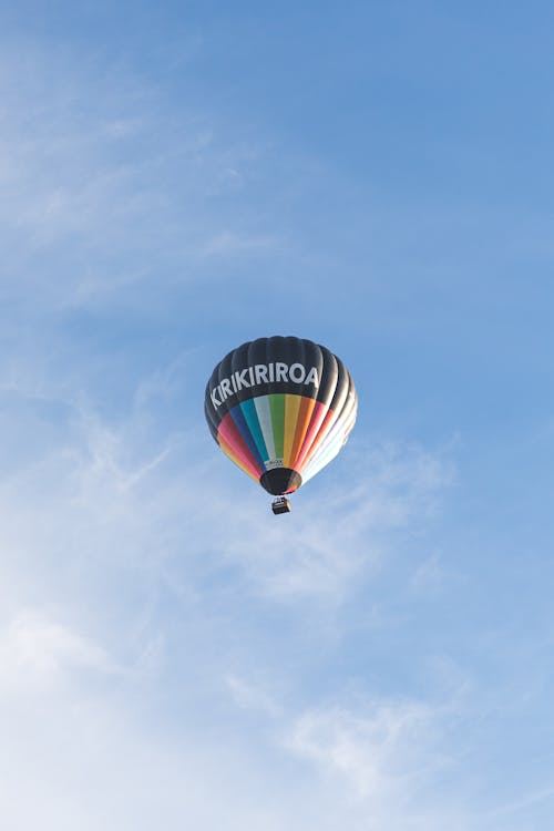 A Hot Air Balloon Flying against Blue Sky 