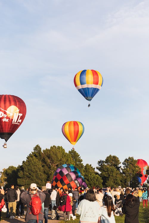 People Standing in a Park and Watching Flying Hot Air Balloons 