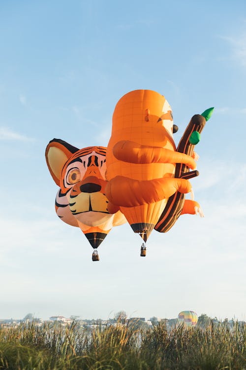 Tiger and Sloth-shaped Hot Air Balloons Flying over Hamilton
