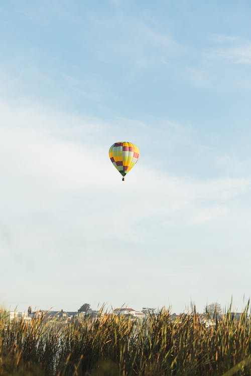 View of a Hot Air Balloon Flying over a Meadow