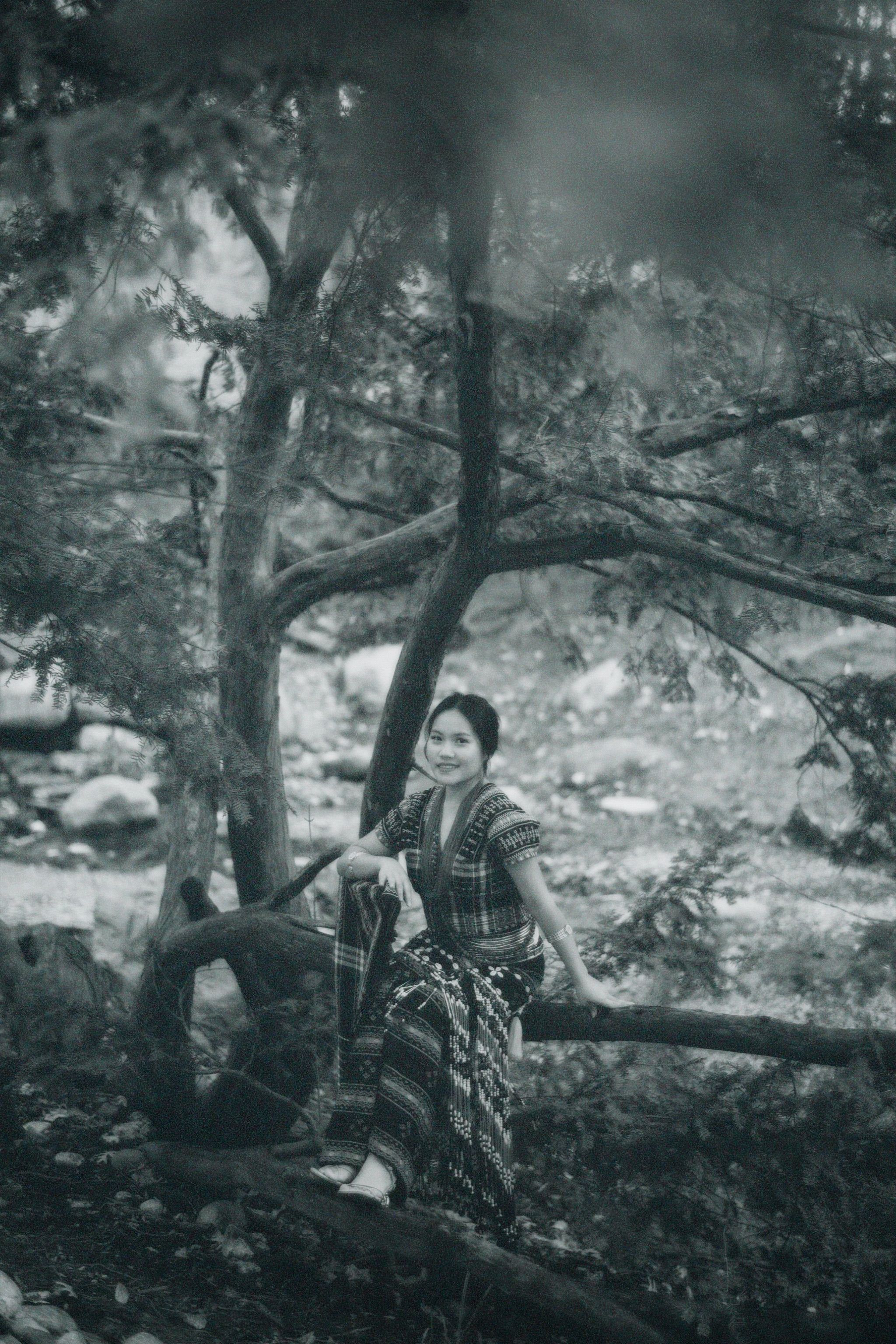 Woman Posing under Tree in Black and White · Free Stock Photo