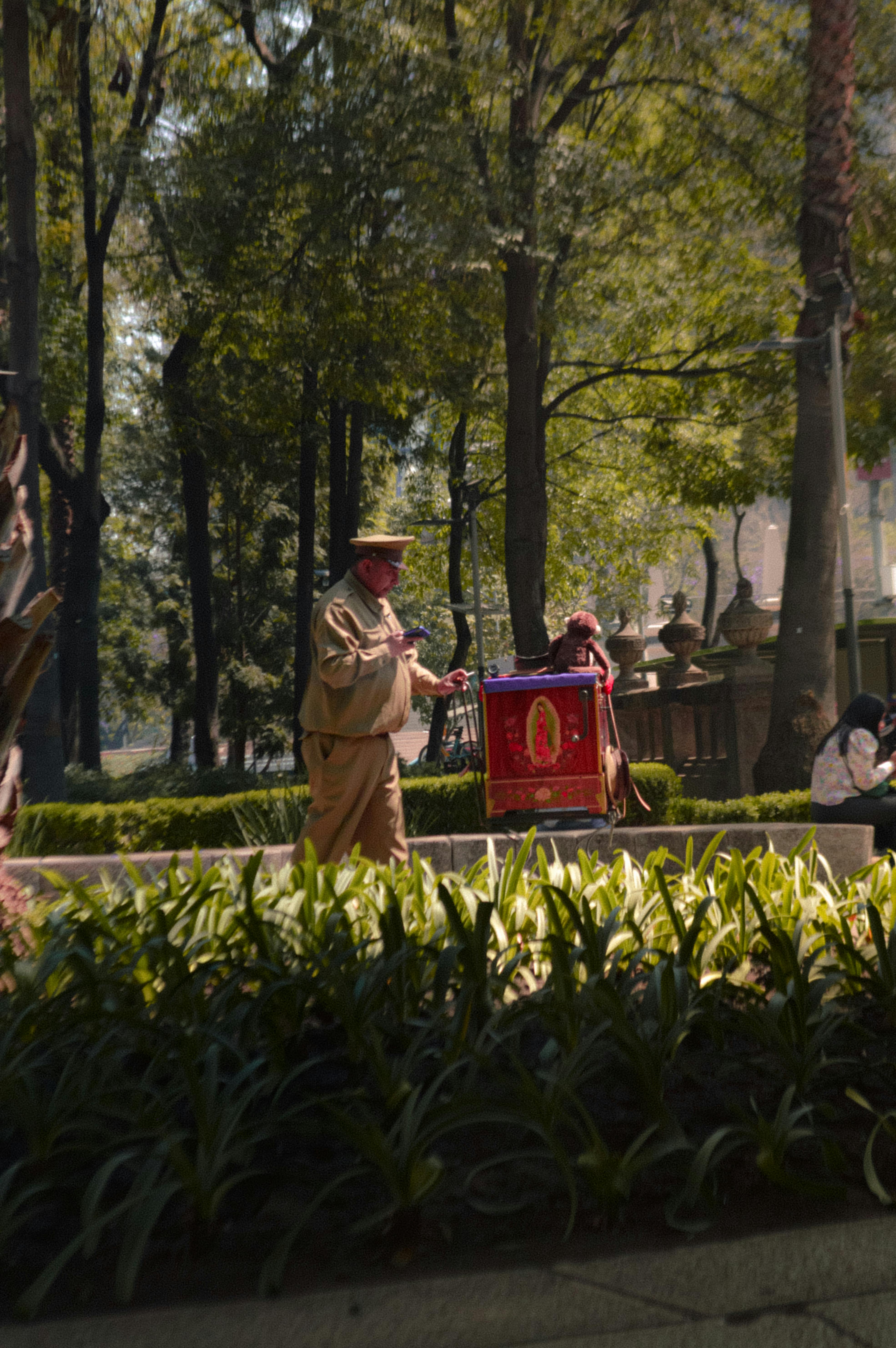 Man in uniform playing barrel organ in Mexico City's public park with trees and sunlight.