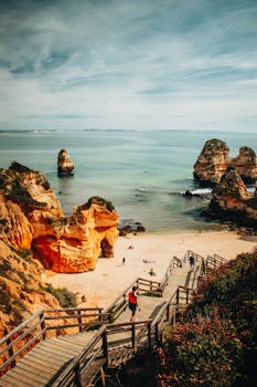 Capture the beauty of Algarve's iconic cliffs and beach with a scenic coastal view in Portugal.