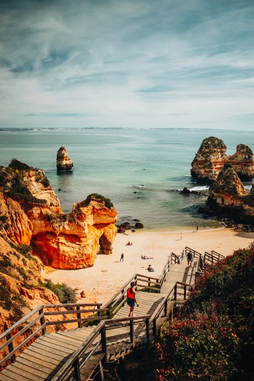 Free Capture the beauty of Algarve's iconic cliffs and beach with a scenic coastal view in Portugal. Stock Photo