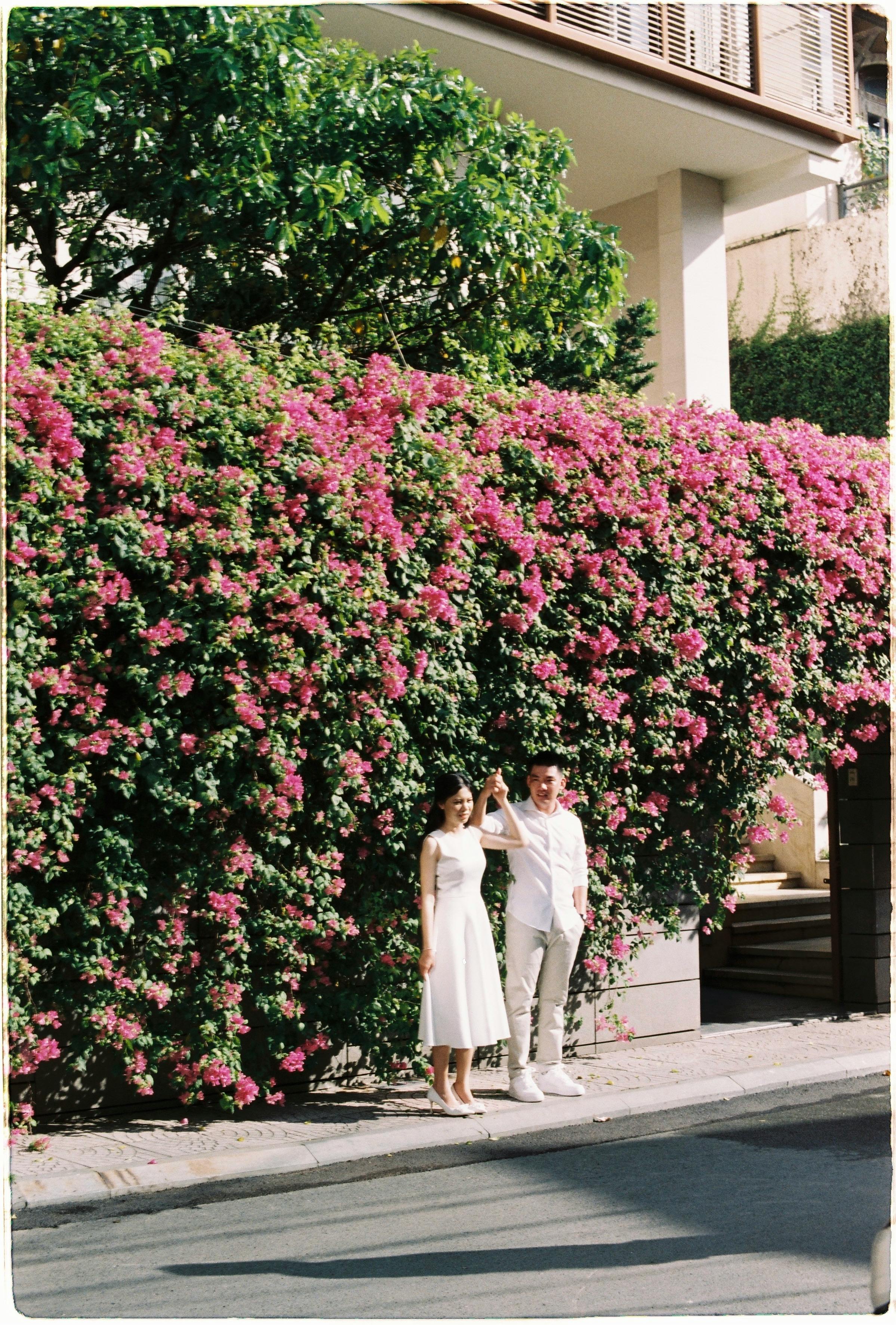 A couple stands under bright pink flowers in an urban setting, enjoying a sunny day.