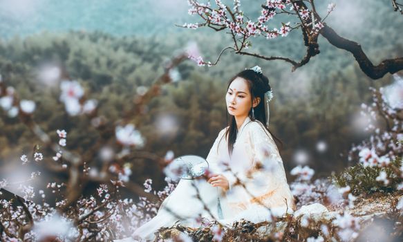 A serene scene of a woman in traditional dress sitting amidst cherry blossoms, embodying spring beauty.