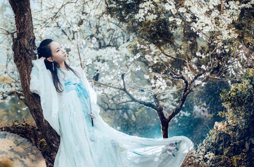 Young Woman in a Dress Posing between Cheery Blossom Trees
