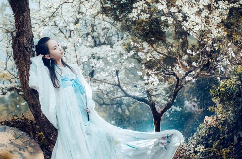 Free A woman in traditional dress poses gracefully in a serene cherry blossom garden. Stock Photo
