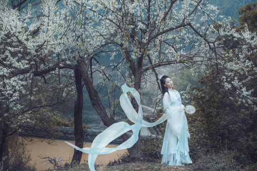 Free Woman in traditional white dress posing amidst blooming trees, capturing spring elegance. Stock Photo