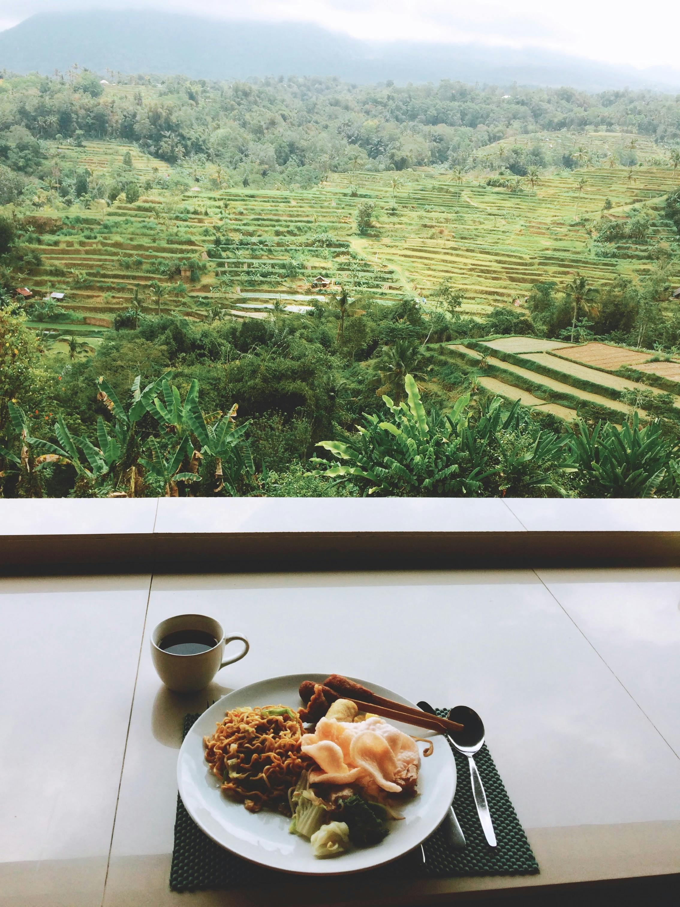 Plate with Dinner and a Drink in a Cup on a Windowsill