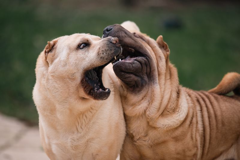 Dua anjing bermain bersama di area daycare