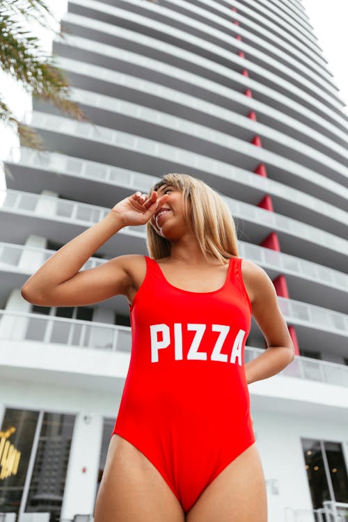 Model in Red Clothes with Pizza Text