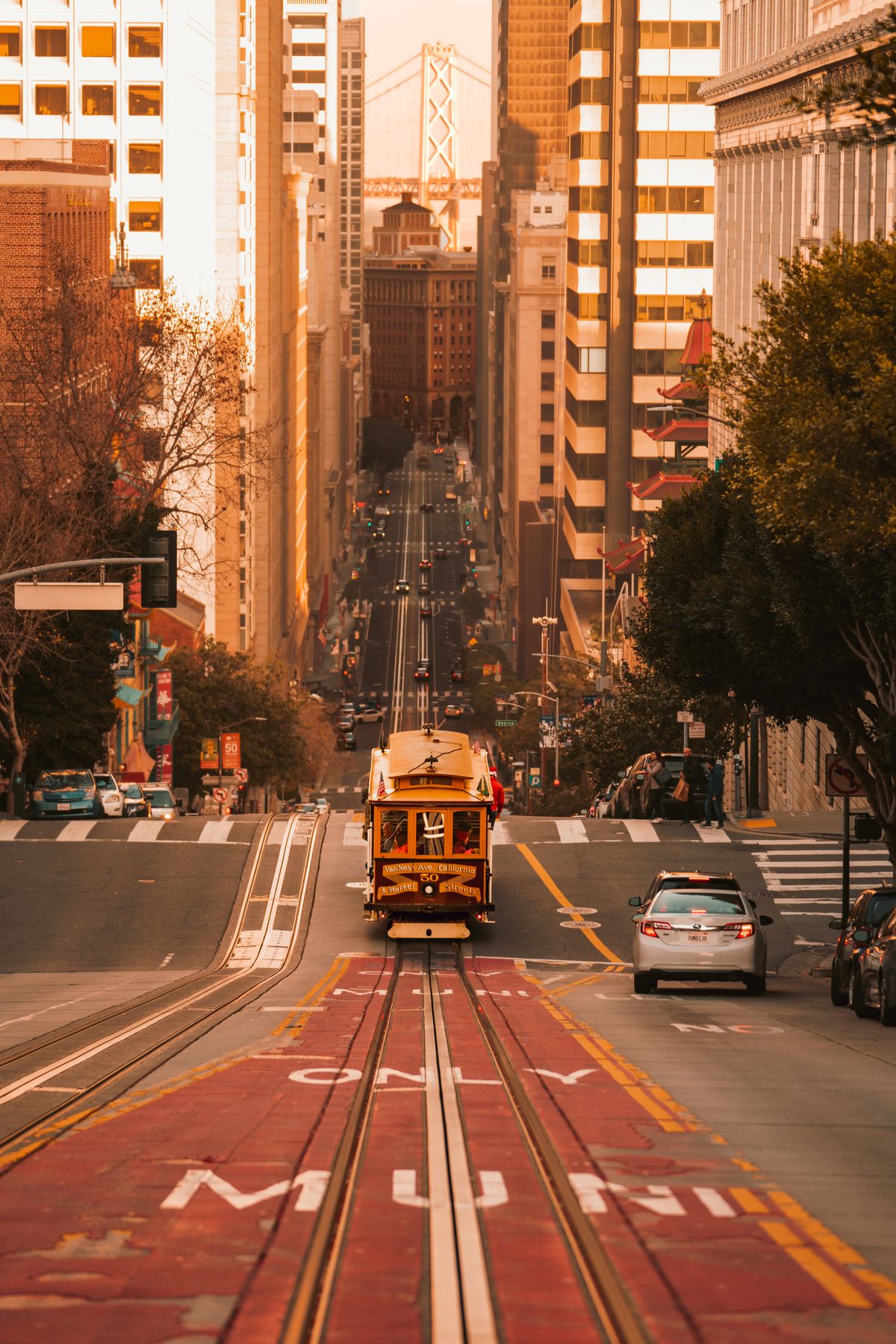 Old cable car on a steep street in San Francisco, California