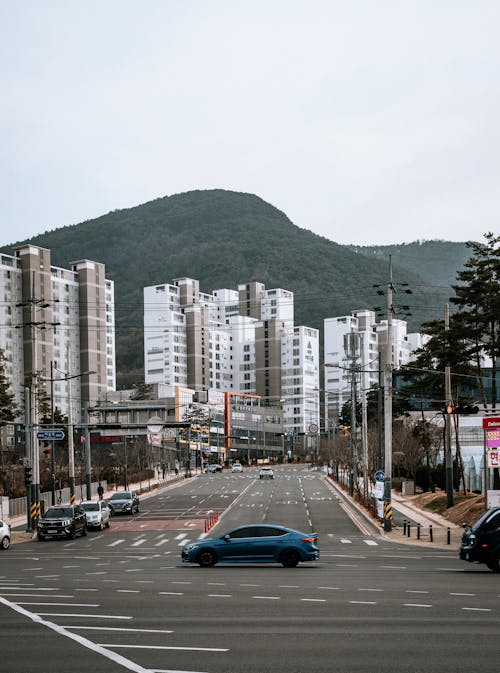 A City Street and Modern Buildings in a Valley 