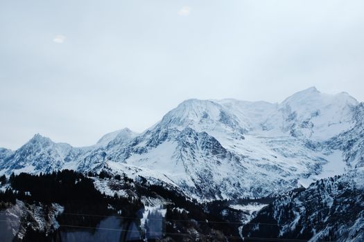 Stunning view of snow-covered mountains with dense forest and clear sky.