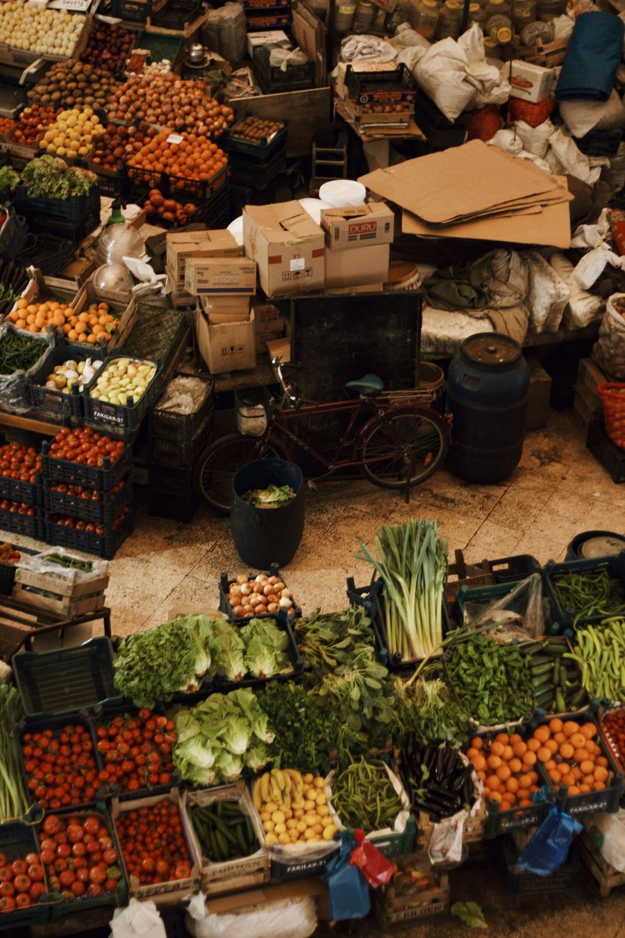 Fresh fruit and vegetables seen from above