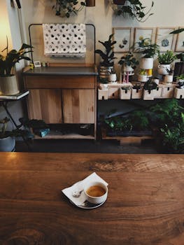 Warm café ambiance featuring a wooden table with coffee and lush indoor plants.