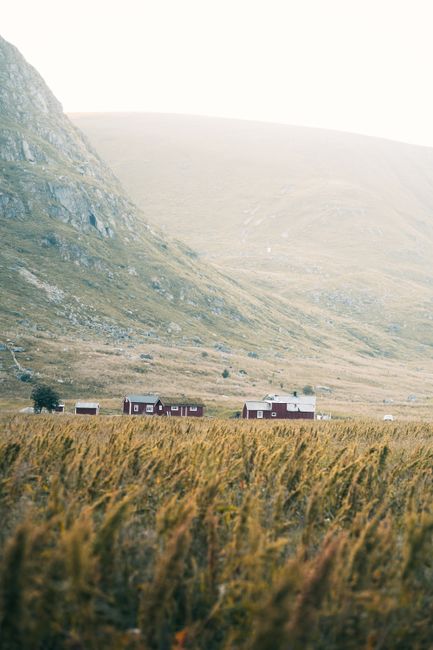 Idyllic village nestled in a foggy valley surrounded by rolling hills. Perfect for travel and nature themes.