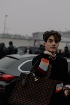 Stylish adult posing with designer bag on Milan street, showcasing urban fashion vibes.