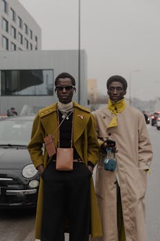 Two stylish men in Milan showcasing modern street fashion against an urban backdrop.