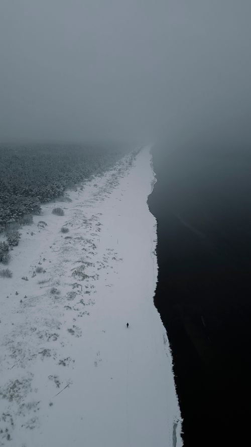 Free A serene aerial winter landscape showing a snowy forest and river under misty weather in Калнгале, Latvia. Stock Photo