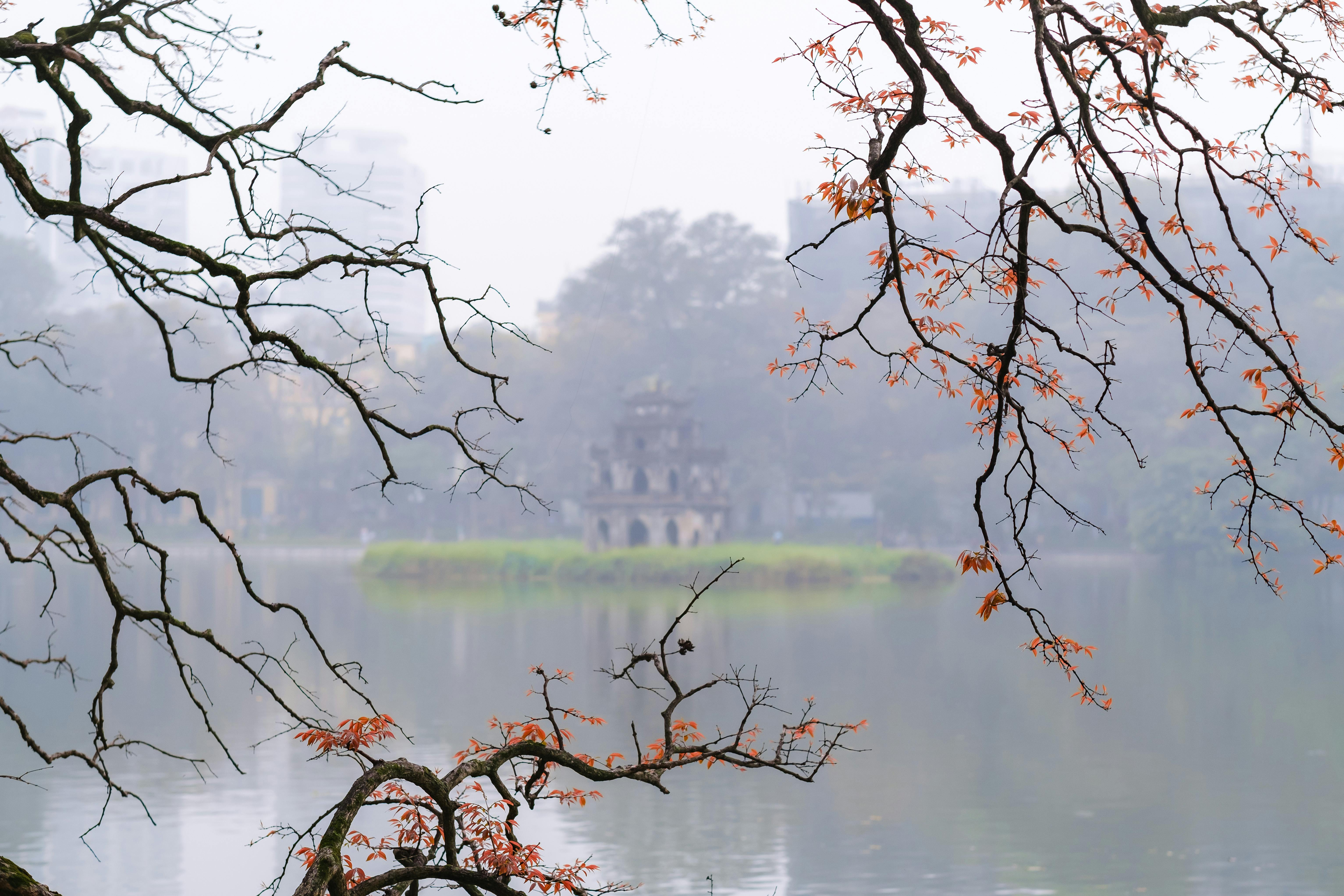 Serene autumn scenery at Hoan Kiem Lake with Turtle Tower and colorful branches.