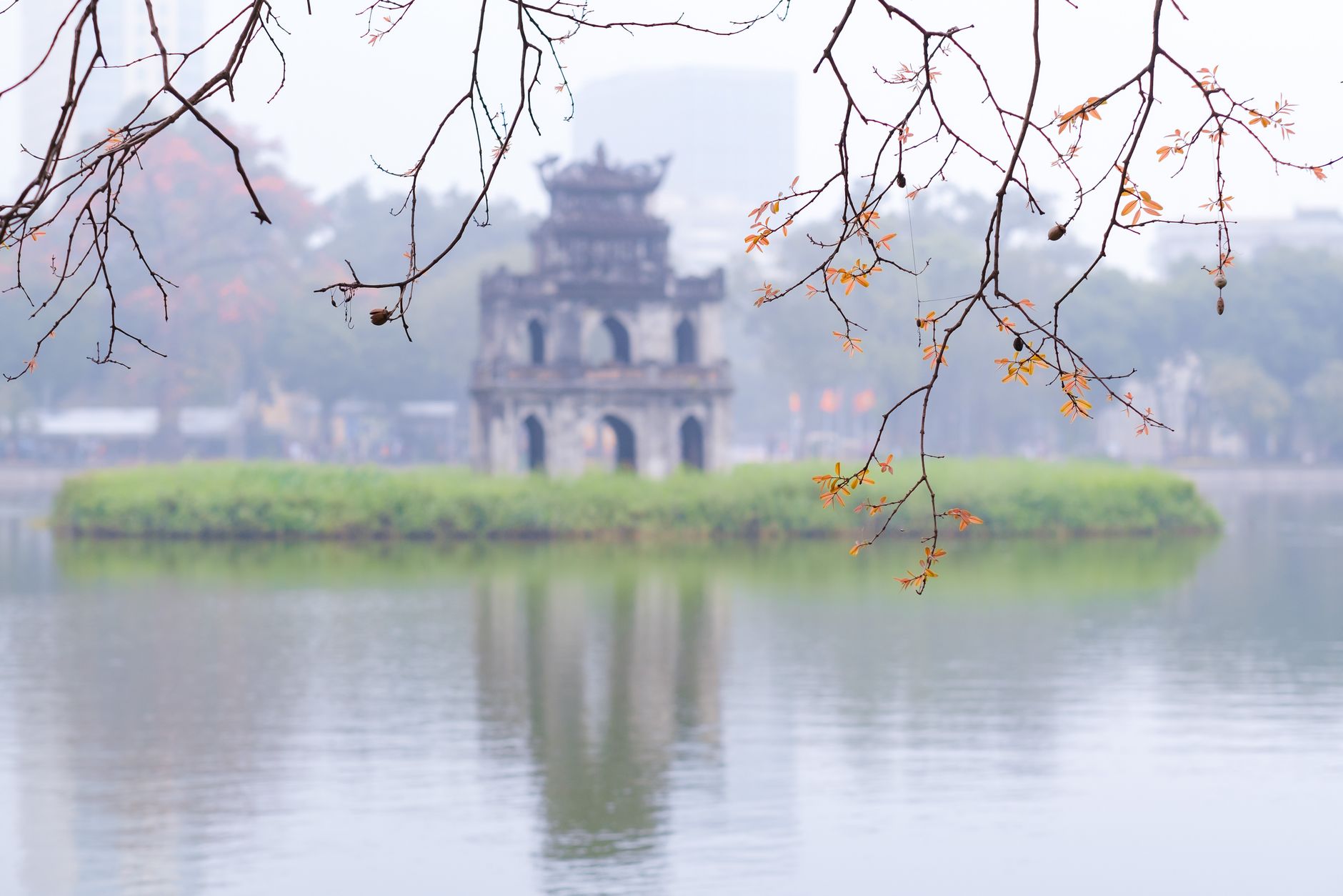 A serene view of Turtle Tower on Hoan Kiem Lake in Hanoi, framed by tree branches.