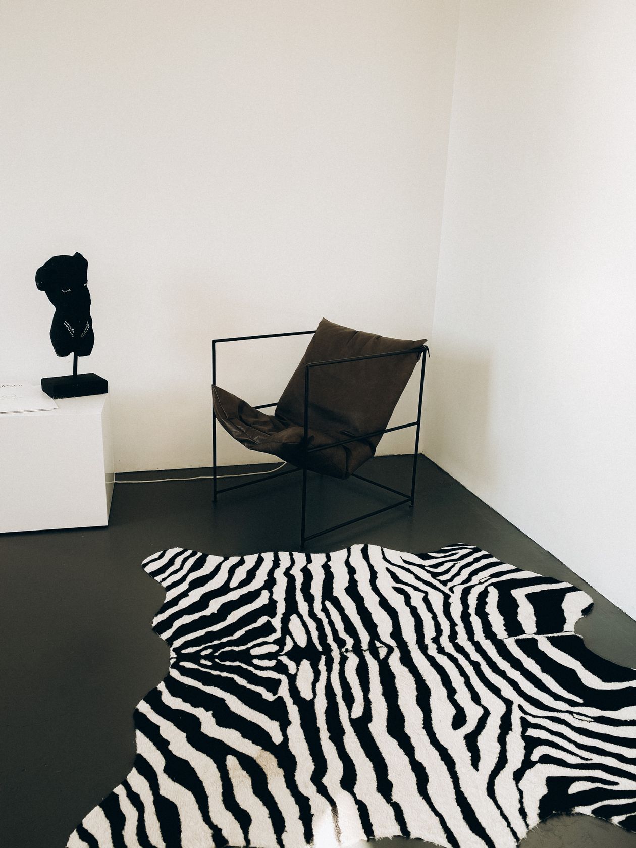 Zebra print rug in a minimalist corner with an armchair