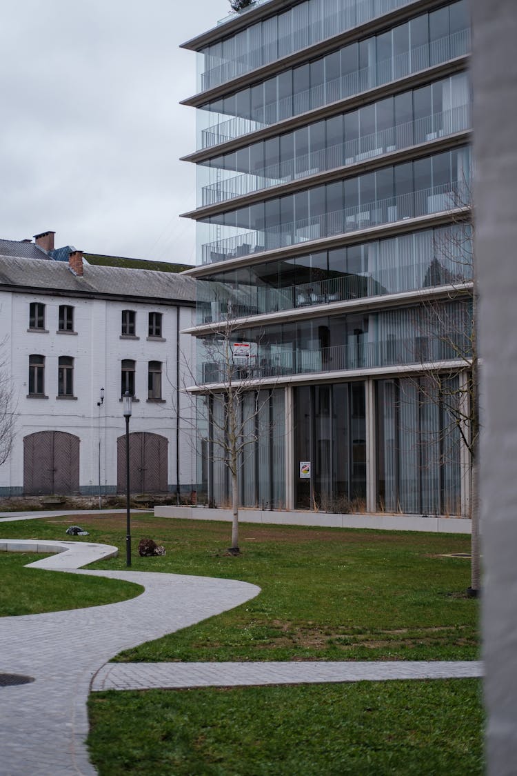 Office With Glass Windows By Square With Grass