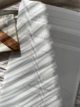 Stylish planner featuring A.I.D.A model and business plan documents in soft lighting.