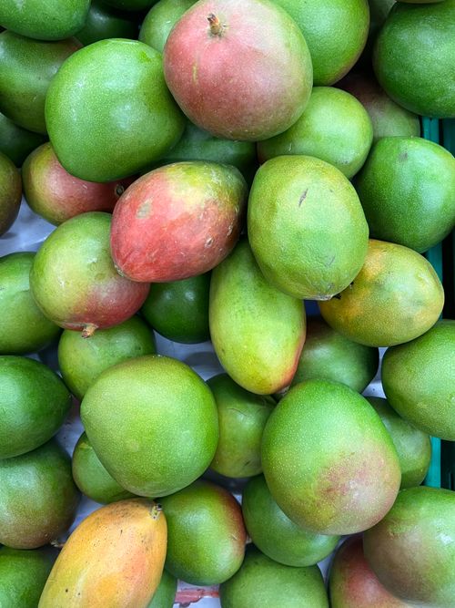 Free A vibrant assortment of green and red ripe mangoes in a pile. Stock Photo