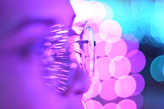 Close-up photo of eyeglasses with bright purple and blue bokeh lights creating an abstract aesthetic.