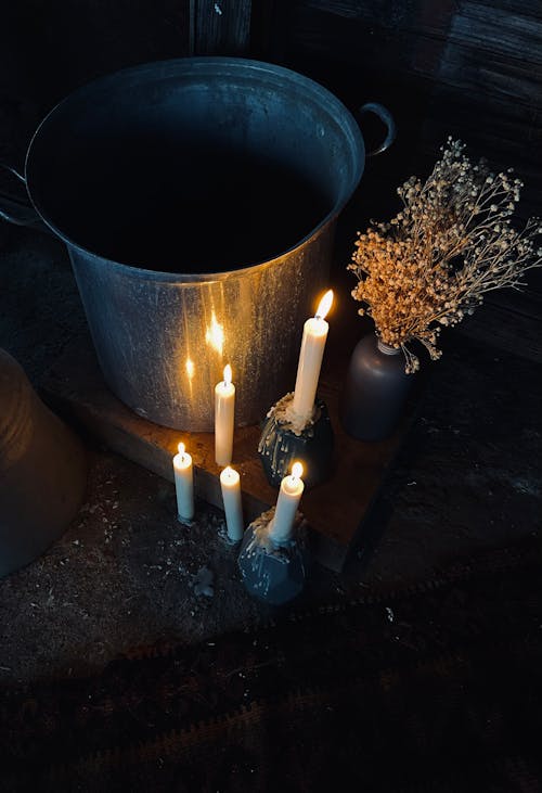 Wax Candles near Bucket