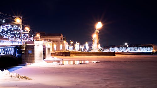 Frozen River near Bridge in City at Night