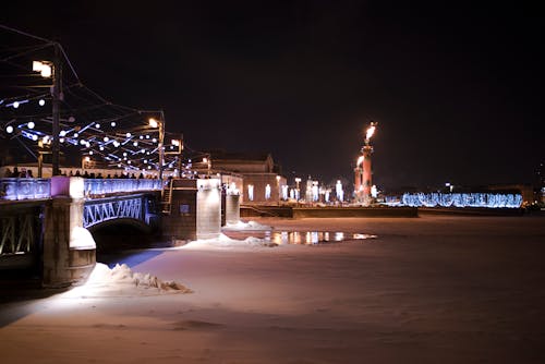 Frozen River in City in Winter