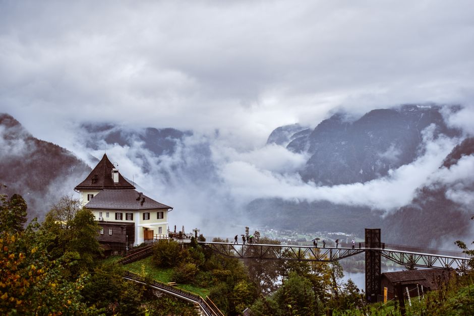 Beautiful mountain landscape with a bridge and clouds in Hallstatt, Austria.