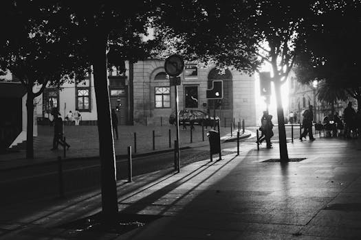 日落时分，城市街道呈现黑白场景，剪影般的行人与戏剧性的阴影交织其间