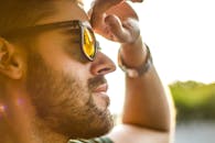 一个留着胡子、戴着太阳镜的男人在户外享受阳光明媚的一天，镜头给了他特写